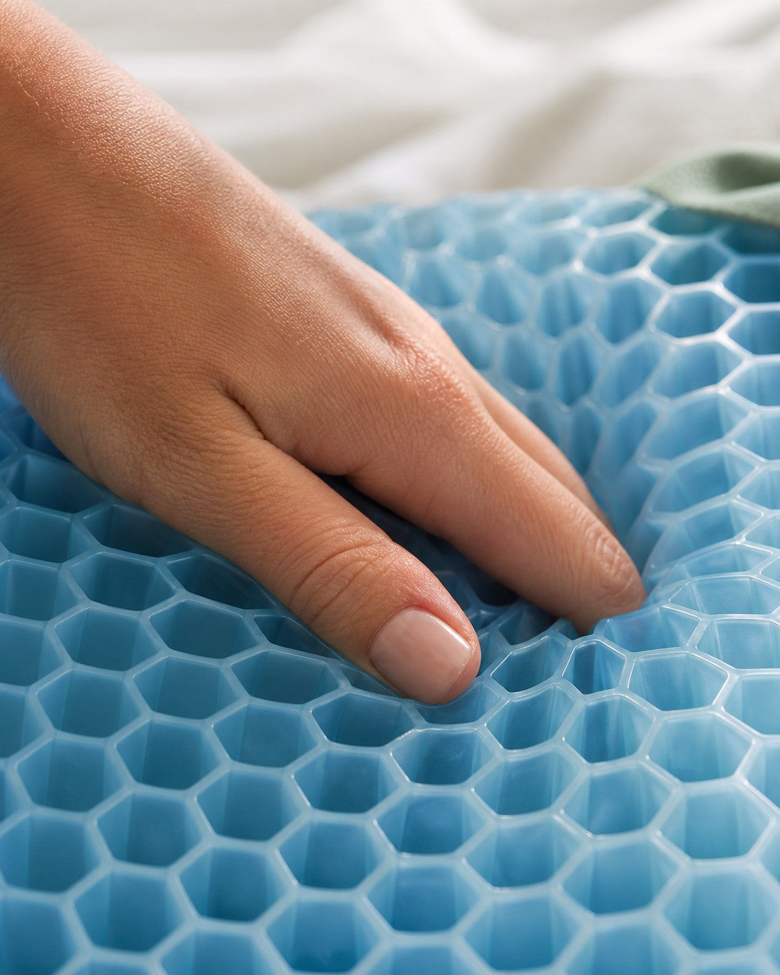 Main posée sur la couche de gel alvéolée bleue de l’oreiller Verso