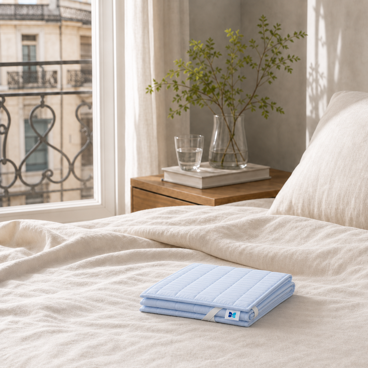 Protège-matelas Verso fin et plié sur un lit