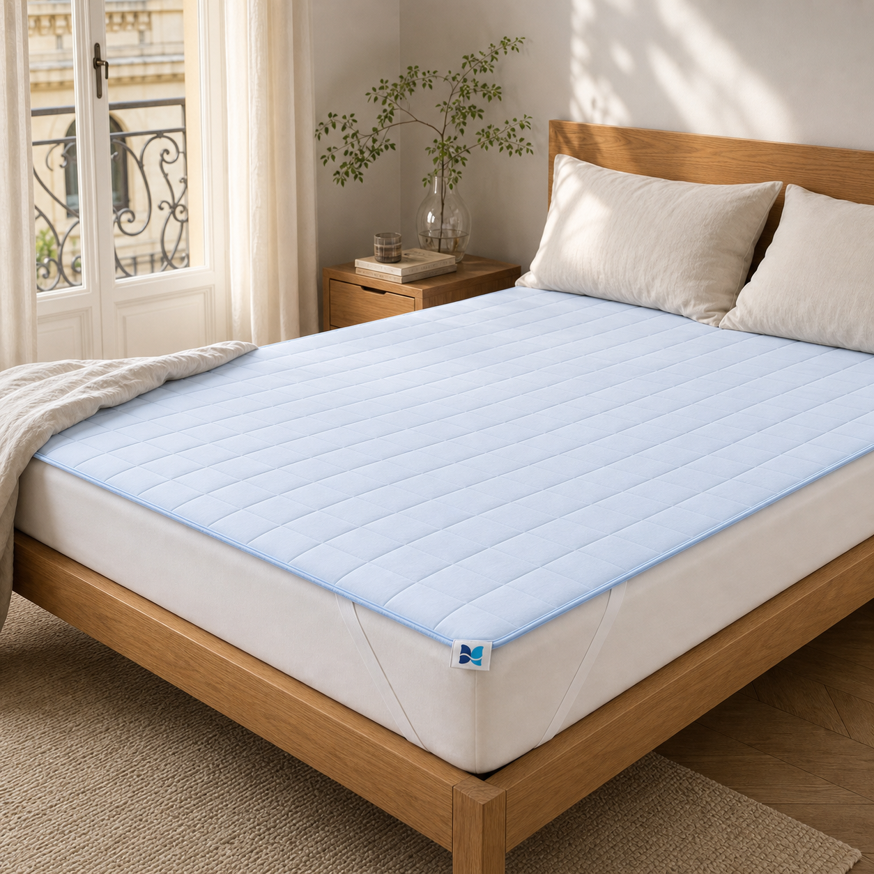 Protège-matelas bleu installé sur un lit double