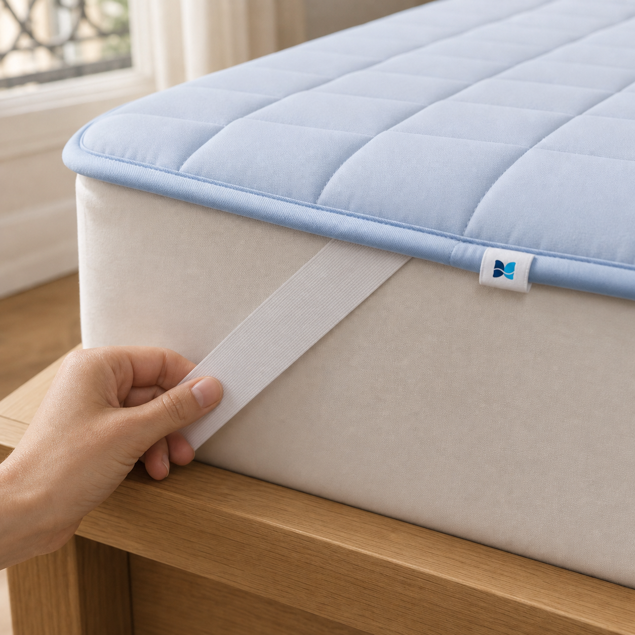 Sangle élastique maintenant un protège-matelas bleu