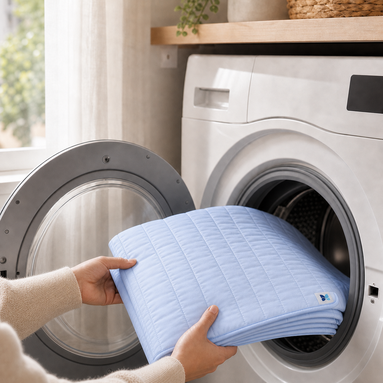 Protège-matelas bleu placé dans un lave-linge