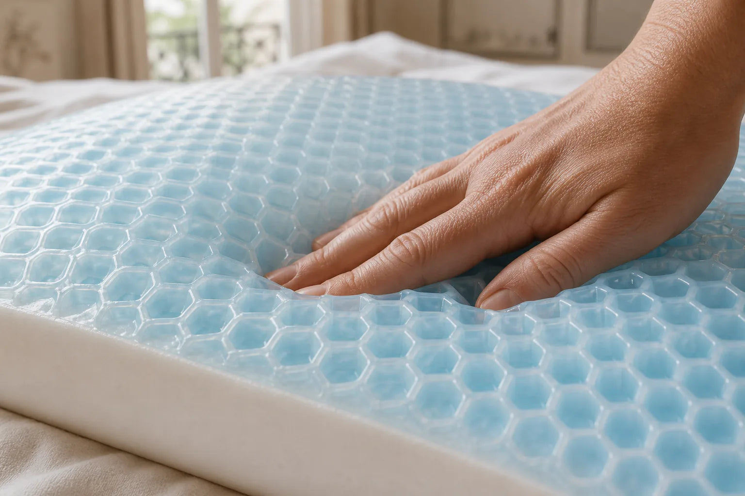 Main sur la face fraîche d’un oreiller à gel bleu