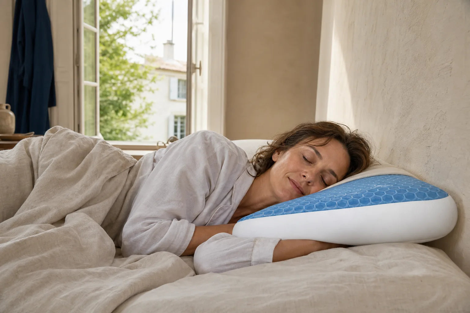 Dormeuse dans un lit en lin clair au petit matin